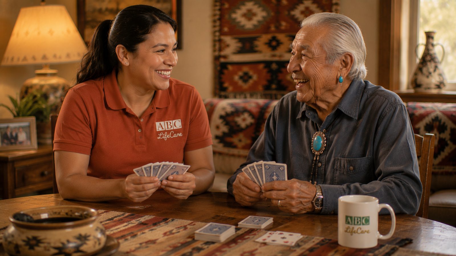 ABC LifeCare companion sharing a card game and coffee with a senior at home