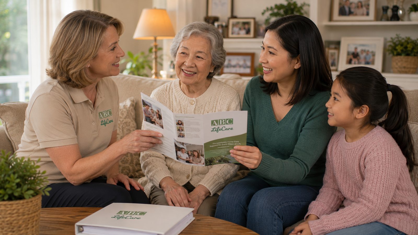 ABC LifeCare team member reviewing care options with a multi-generational family