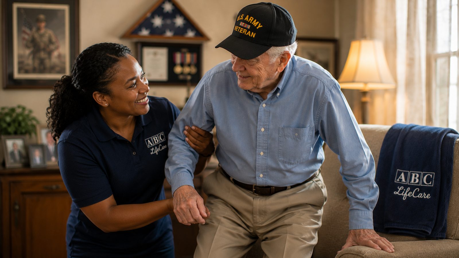 ABC LifeCare caregiver assisting a U.S. Army Veteran with family in the background