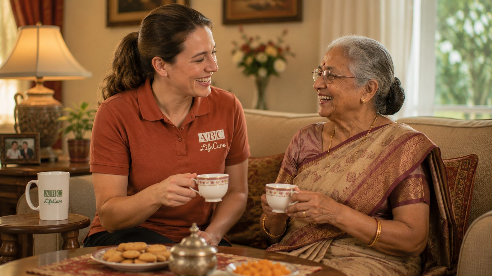 ABC LifeCare caregiver having tea with a senior in conversation
